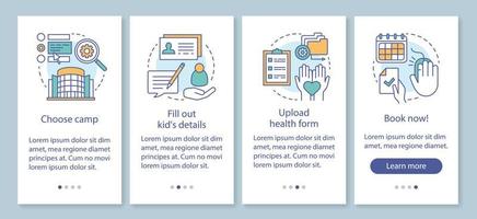 Camp booking onboarding mobile app page screen with linear concepts.Child holiday vacation reserving walkthrough steps graphic instructions. UX, UI, GUI vector template with illustrations