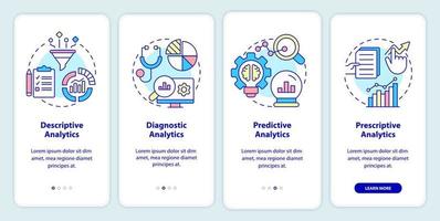 Types of business analytics onboarding mobile app screen. Diagnostics walkthrough 4 steps graphic instructions pages with linear concepts. UI, UX, GUI template. vector