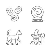 Magic linear icons set. Runestones, fortune telling crystal ball, witch cat, wizard. Witchcraft and sorcery halloween symbols. Thin line contour symbols. Isolated vector illustrations. Editable stroke