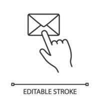 Mail button click linear icon. SMS. Email app. Messenger. Hand pressing email button. Thin line illustration. Contour symbol. Vector isolated outline drawing. Editable stroke