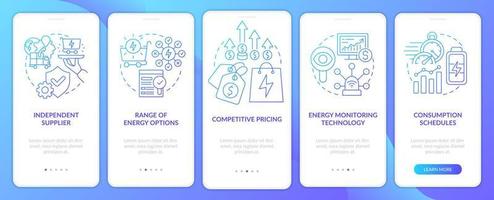 Energy strategy key elements blue gradient onboarding mobile app screen. Walkthrough 5 steps graphic instructions pages with linear concepts. UI, UX, GUI template. vector