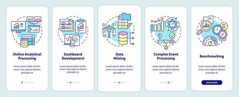 tecnologías de inteligencia empresarial que incorporan la pantalla de la aplicación móvil. tutorial 5 pasos páginas de instrucciones gráficas con conceptos lineales. interfaz de usuario, ux, plantilla de interfaz gráfica de usuario. vector