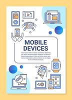 Mobile devices poster template layout. Smartphone and tablet. Mobile app development. Banner, booklet, leaflet print design, linear icons. Vector brochure page layout for magazines, advertising flyers