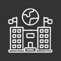 Immigration center chalk icon. Embassy and consulate building. Administrative governmental structure. Travel service. Earth globe over public building. Isolated vector chalkboard illustration