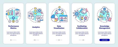 Applications of business intelligence onboarding mobile app screen. Walkthrough 5 steps graphic instructions pages with linear concepts. UI, UX, GUI template. vector