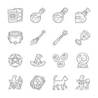 Magic linear icons set. Witchcraft items. Occult, gypsy mystic ritual tool. Fortune telling, divination. Superstitions predictions. Thin line symbols. Isolated outline illustrations. Editable stroke vector