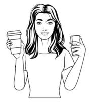 woman with coffee and smartphone drawn vector