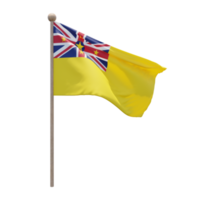 Niue 3D-Darstellung Flagge auf der Stange. Fahnenmast aus Holz png