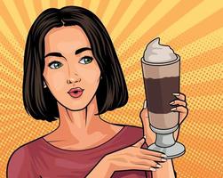 woman lifting iced coffee scene vector