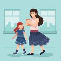 mom and daughter with book walking vector