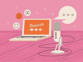 podcast in laptop and microphone vector