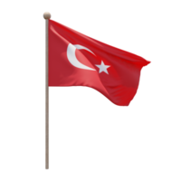 Turkey 3d illustration flag on pole. Wood flagpole png