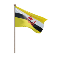 Brunei 3d illustration flag on pole. Wood flagpole png