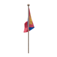 Mongolia 3d illustration flag on pole. Wood flagpole png