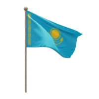 Kazakhstan 3d illustration flag on pole. Wood flagpole png