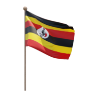 Uganda 3D-Darstellung Flagge auf der Stange. Fahnenmast aus Holz png