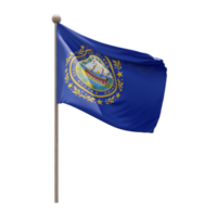 New Hampshire 3D-Darstellung Flagge auf der Stange. Fahnenmast aus Holz png