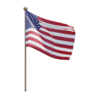 Vereinigte Staaten 3D-Darstellung Flagge auf der Stange. Fahnenmast aus Holz png