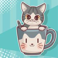 gato en taza estilo anime vector