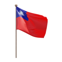 Taiwan Republic of China 3d illustration flag on pole. Wood flagpole png