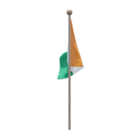 Ivory Coast 3d illustration flag on pole. Wood flagpole png