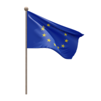 Europäische Union 3D-Darstellung Flagge auf der Stange. Fahnenmast aus Holz png