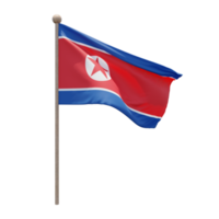 North Korea 3d illustration flag on pole. Wood flagpole png