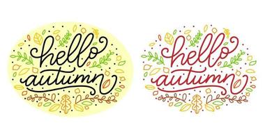 Hello autumn lettering color phrases vector illustration