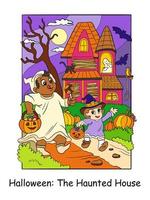 los niños de halloween pasan por una casa embrujada vector ilustración colorida