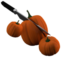 Pumpkins floating with knife cutting a pumpkin in half 3d render png