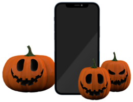 3D digital halloween com smartphone e abóboras sorrindo png