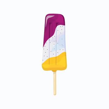 Ice cream on a stick. Vector drawing of tropical ice cream with mango and dragon fruit. Multicolored ice cream pink and yellow and a white layer with chia seeds in the middle.