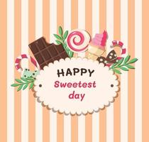 Sweetest day. Vector illustration of Sweetest day holiday banner. Sign decorated with candy chocolates and chocolates. Promotional poster for Sweetest day with pink desserts.