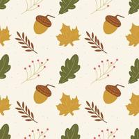 Seamless fall pattern. Seamless vector autumn leaves and berries. Pattern Green and yellow plants and red berries for fabric or package print