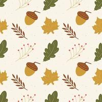 Seamless fall pattern. Seamless vector autumn leaves and berries. Pattern Green and yellow plants and red berries for fabric or package print