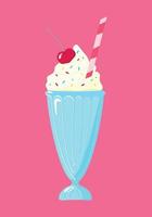 Milkshake. Vector illustration of milkshake with whipped cream for menu design or for advertising. Milk dessert decorated with cherries and colored sprinkles with straw.