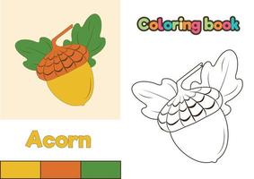 Acorn Coloring Book. Vector illustration of the outline of an acorn and leaves for children to color. Finished coloring book with yellow acorn.