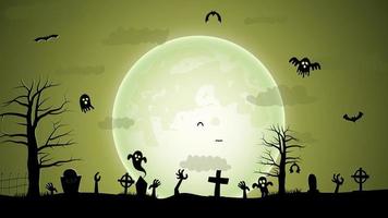 ilustración de halloween con siluetas de calabazas de halloween, árbol espeluznante, casa embrujada vintage y murciélagos volando sobre el cementerio a la luz de la luna vector