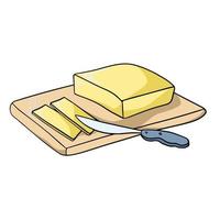 Yellow butter, cut into pieces, sharp knife, vector illustration in cartoon style on a white background