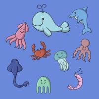 A set of colored icons, cute sea characters, a large whale, a squid and a stingray, a jellyfish, a crab and a shrimp, a vector illustration in cartoon style on a blue background