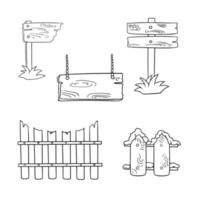 Monochrome set of icons, Vintage wooden objects, along the fence, square sign and pointer, vector illustration in cartoon style