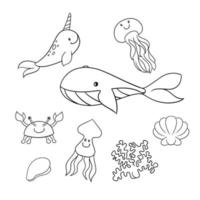 Monochrome set of icons, cute sea characters, big whale, squid and narwhal, jellyfish and crab, vector illustration in cartoon style on a white background