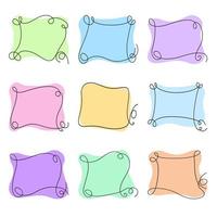 A set of different rectangular frames with rounded edges and curlicues, hand-drawn with one line, copy space, vector illustration
