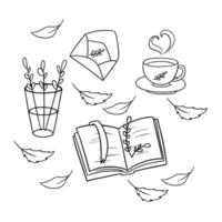 Monochrome icon set, autumn collection, open book with tree branch, hot tea and letter, vector illustration in cartoon style