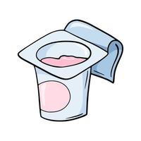 un pequeño frasco de plástico abierto con yogur de fruta rosa, ilustración vectorial en estilo de dibujos animados sobre un fondo blanco vector