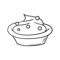 Monochrome picture, deep ceramic plate with dessert, delicious sour cream with berries, vector illustration in cartoon style on a white background