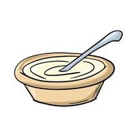 plato hondo de cerámica ligera con avena, crema agria espesa, con una cuchara, ilustración vectorial en estilo de dibujos animados sobre un fondo blanco vector