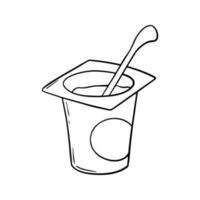 Monochrome illustration, open small plastic jar with yogurt and spoon, copy space, vector in cartoon style on a white background