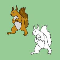 A set of pictures, A bright fluffy frightened squirrel standing on its hind legs, a vector illustration in cartoon style on a colored background