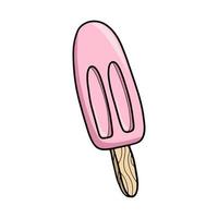Cold pink popsicle on a stick, vector illustration in cartoon style on a white background